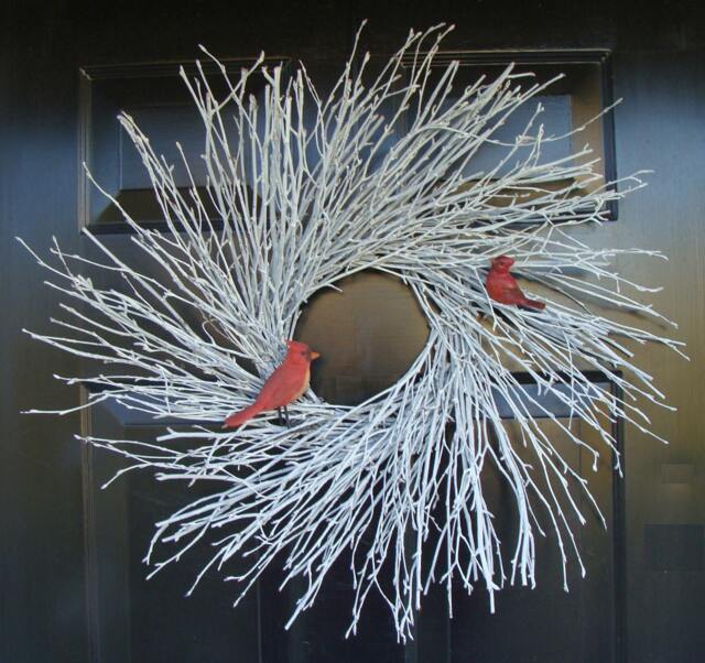 White Twig Wreath With Faux Cardinals Natural Winter Door Holiday Decor - image 1