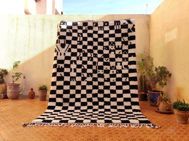 Amazing Moroccan Checked Rug - Black & White Checkerboard Wool Carpet Handmade Berber Area Modern Geometric - image 1