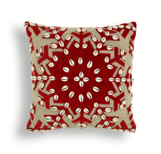 "Christmas Linen Pillow Cover, Red Velvet Snowflake, Cowrie Shells - 16""x 16" - image 1