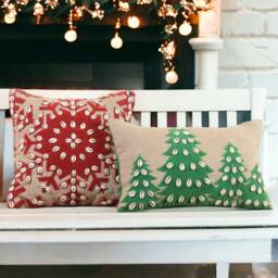 "Christmas Linen Pillow Cover, Red Velvet Snowflake, Cowrie Shells - 16""x 16" - thumbnail 4