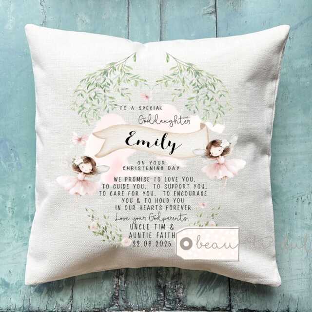 Personalised Christening Baptism Gift Promise To Godchild Godson Goddaughter Teddy Bear Balloon Linen Style Cushion Godparent Godmother - image 1