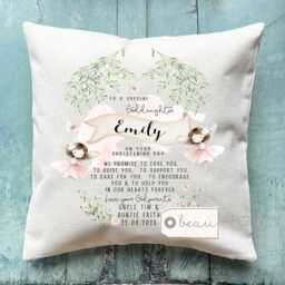 Personalised Christening Baptism Gift Promise To Godchild Godson Goddaughter Teddy Bear Balloon Linen Style Cushion Godparent Godmother - thumbnail 1