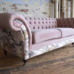 Handmade 3 Seater Dusty Pink Velvet Fabric Chesterfield Sofa - Contrasting Chic Floral Patterned - thumbnail 2