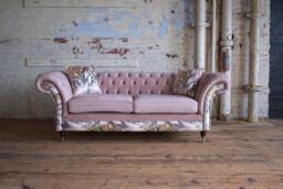 Handmade 3 Seater Dusty Pink Velvet Fabric Chesterfield Sofa - Contrasting Chic Floral Patterned - thumbnail 1