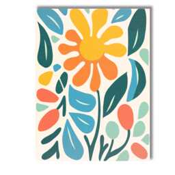 Modern Botanical Flower Illustration in Mustard Teal & Coral Tones Canvas Wall Art Print Decor Picture Ready To Hang
