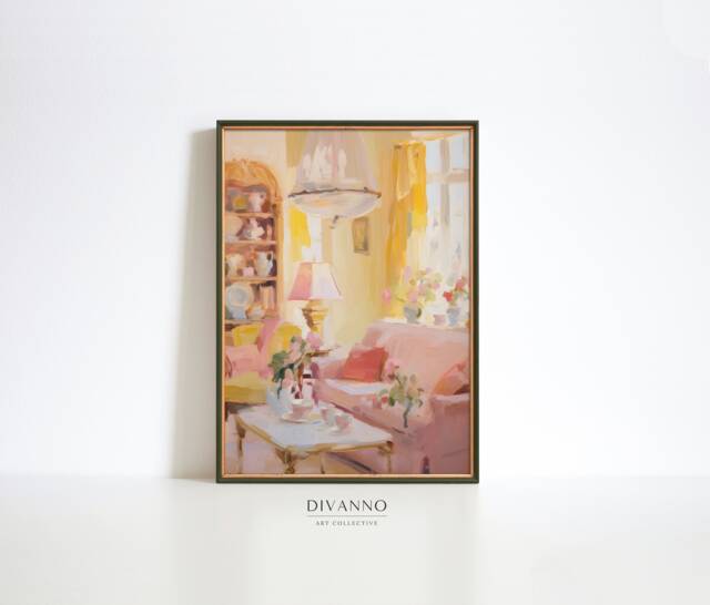Pastel Girly Apartment Art Print, Summer Room Interior Poster, Digital Painting Printable Wall Art, Pink Dorm Decor, Brushstroke Boho Canvas - image 1