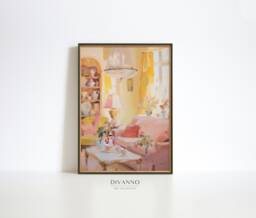 Pastel Girly Apartment Art Print, Summer Room Interior Poster, Digital Painting Printable Wall Art, Pink Dorm Decor, Brushstroke Boho Canvas - thumbnail 1