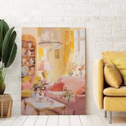 Pastel Girly Apartment Art Print, Summer Room Interior Poster, Digital Painting Printable Wall Art, Pink Dorm Decor, Brushstroke Boho Canvas - thumbnail 3