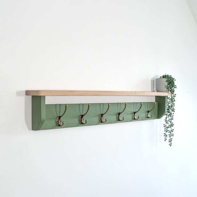 Green Coat Rack With Shelf - Dark Wax, 10cm Deep, Hooks, Black, Silver, Bronze, Copper, Chrome, Brass Painted in F&b No.34 - image 1