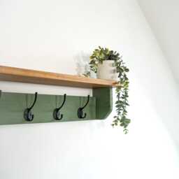 Green Coat Rack With Shelf - Dark Wax, 10cm Deep, Hooks, Black, Silver, Bronze, Copper, Chrome, Brass Painted in F&b No.34 - thumbnail 3