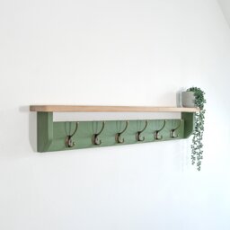 Green Coat Rack With Shelf - Dark Wax, 10cm Deep, Hooks, Black, Silver, Bronze, Copper, Chrome, Brass Painted in F&b No.34 - thumbnail 1