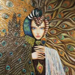 Woman Beauty Wall Art, Fantasy Art Print Original, Living Room Decor, Fine Print, Modern Peacock Painting, Colorful - thumbnail 1