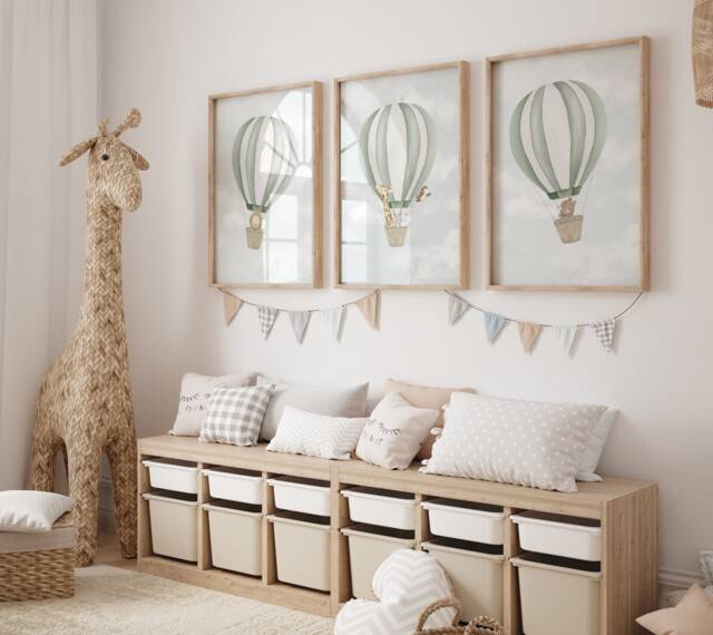 Set Of 3 Hot Air Balloon Animals Prints, Nursery, Playroom, Children's Poster, Girls Boys Bedroom, Kids Wall Art, A3 A4 Print - image 1