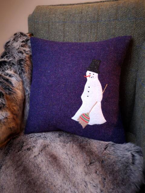 Harris Tweed Snowman Embroidered Christmas Cushion Cover - image 1
