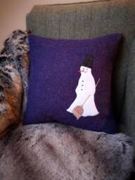 Harris Tweed Snowman Embroidered Christmas Cushion Cover - thumbnail 1
