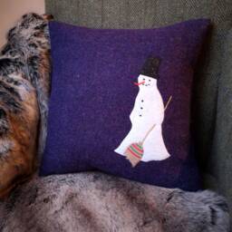 Harris Tweed Snowman Embroidered Christmas Cushion Cover - thumbnail 3