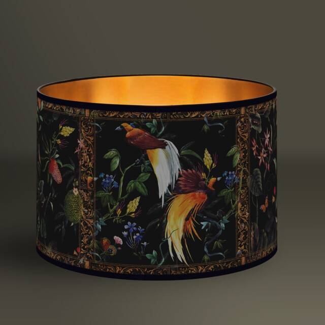 Tropical Exotic Lampshade, Motif With Birds & Flowers On A Black Background, Elegant Design, Golden Interior, Vintage Lighting - image 1