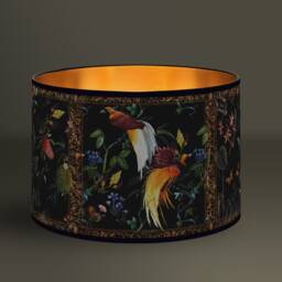 Tropical Exotic Lampshade, Motif With Birds & Flowers On A Black Background, Elegant Design, Golden Interior, Vintage Lighting - thumbnail 1