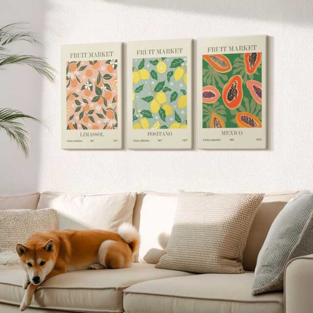 Canvas Set Of 3 Wall Art - Citrus & Tropical Fruits in A Retro Style, Green Large, Plants Flowers Decor - image 1