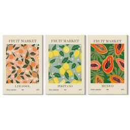 Canvas Set Of 3 Wall Art - Citrus & Tropical Fruits in A Retro Style, Green Large, Plants Flowers Decor - thumbnail 2