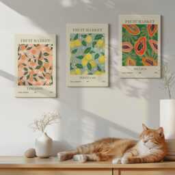 Canvas Set Of 3 Wall Art - Citrus & Tropical Fruits in A Retro Style, Green Large, Plants Flowers Decor - thumbnail 3