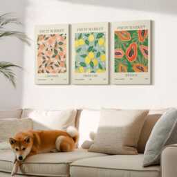 Canvas Set Of 3 Wall Art - Citrus & Tropical Fruits in A Retro Style, Green Large, Plants Flowers Decor