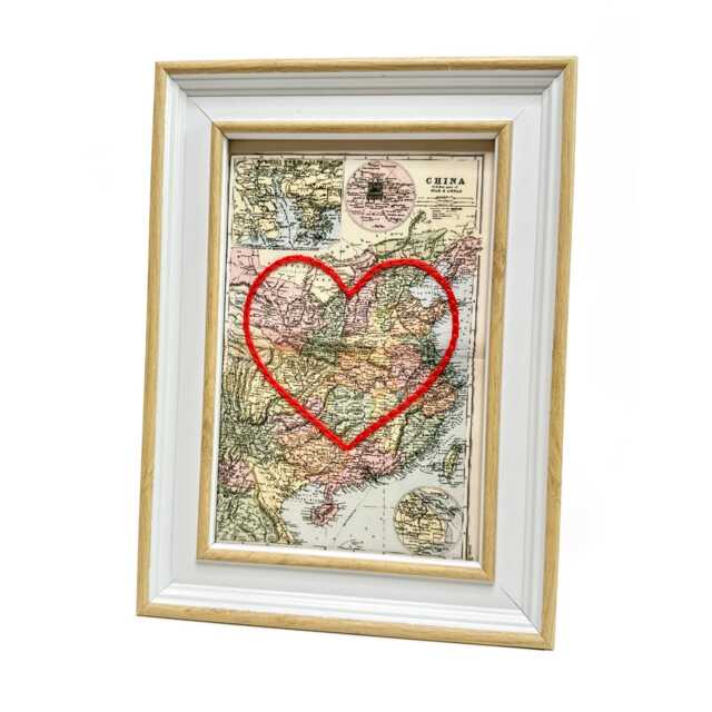 China Heart Map - Custom Gift Anniversary For Him Framed Wedding Vintage Print Of With Hand-Embroidered - image 1