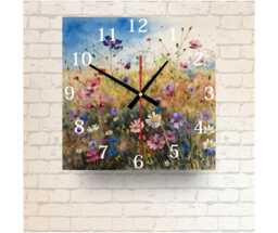 Wildflower Glass Wall Clock Watercolor Floral Art, Gloss Finish - 20cm Or 30cm