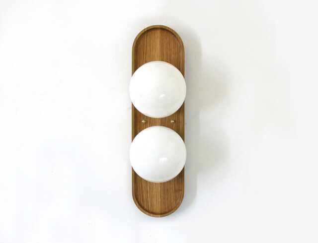 White Oak & Double Opal Glass Globe Mid Century Modern Sconce Light Vanity Entry - image 1