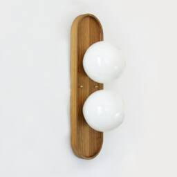 White Oak & Double Opal Glass Globe Mid Century Modern Sconce Light Vanity Entry - thumbnail 4
