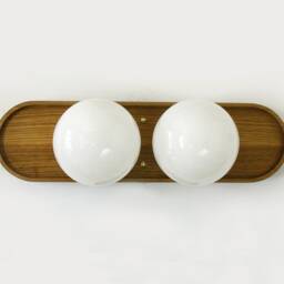 White Oak & Double Opal Glass Globe Mid Century Modern Sconce Light Vanity Entry - thumbnail 2