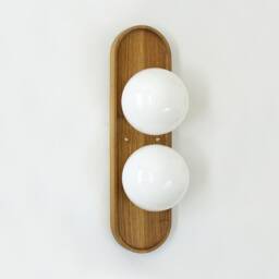 White Oak & Double Opal Glass Globe Mid Century Modern Sconce Light Vanity Entry - thumbnail 3