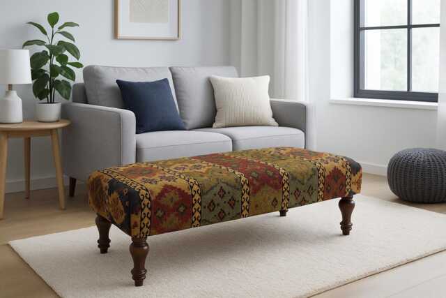 Handmade Kilim Fabric Footstool - Mahogany Legs, Farmhouse Ottoman - image 1
