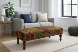 Handmade Kilim Fabric Footstool - Mahogany Legs, Farmhouse Ottoman