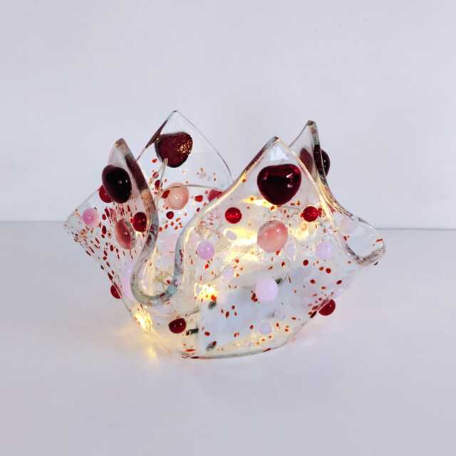 Pink Tealight Candle Holder, Red Heart, Valentine Fused Glass Gift Handmade - image 1