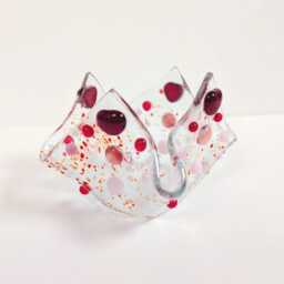 Pink Tealight Candle Holder, Red Heart, Valentine Fused Glass Gift Handmade - thumbnail 2