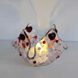 Pink Tealight Candle Holder, Red Heart, Valentine Fused Glass Gift Handmade - thumbnail 3