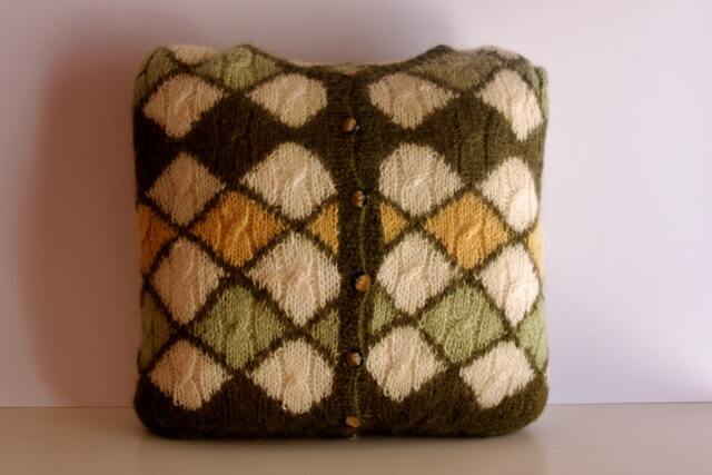 Upcycled Mohair Cushion Cover Handmade Green Diamond Pillow - image 1