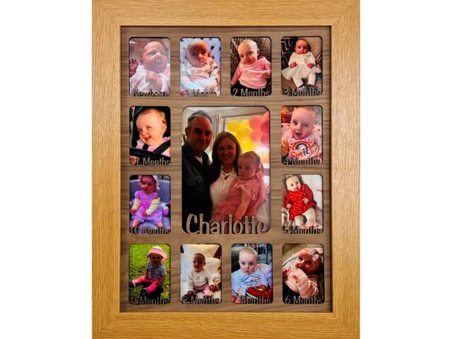 Newborn Baby 1st Year Personalised Photo Frame 1-12 Months - Natural Finish & Walnut Insert - image 1