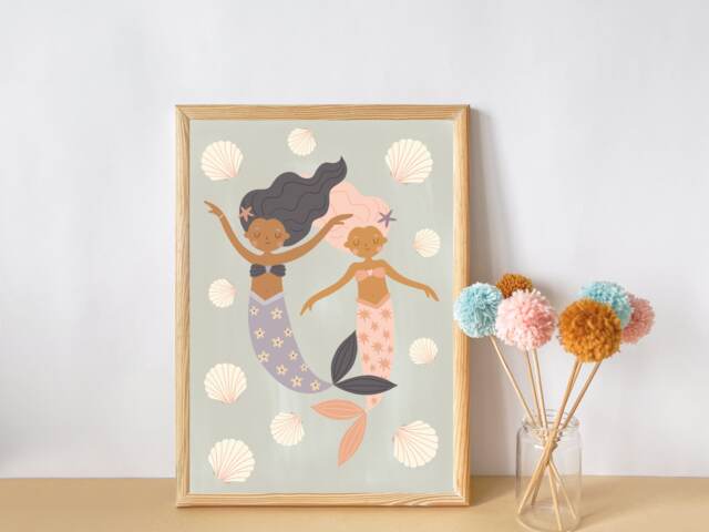 Girls Mermaid & Shell Print. Wall Art For Girls Room, Nursery Or Playroom - Print Only - image 1