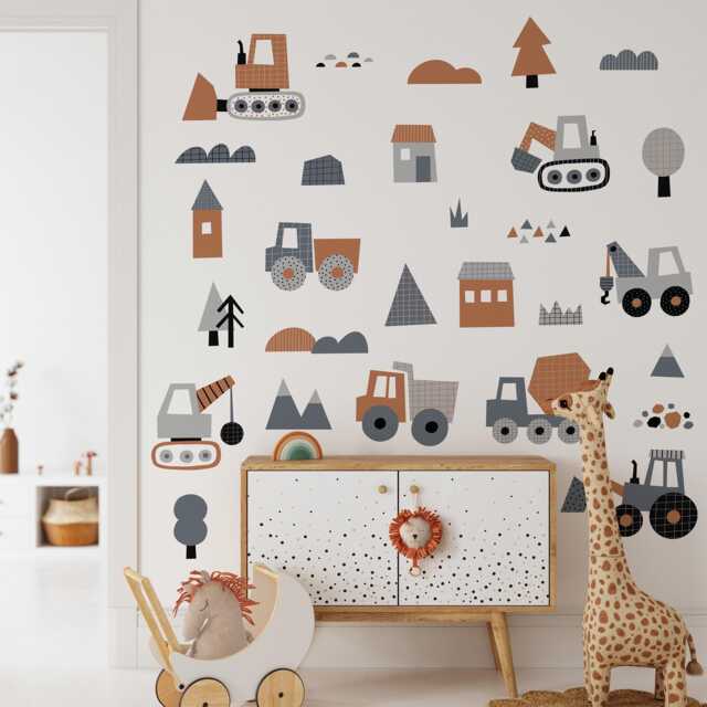 Construction Vehicle Wall Decals - Cartoon Trucks, Diggers, Nursery Decor - image 1
