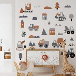 Construction Vehicle Wall Decals - Cartoon Trucks, Diggers, Nursery Decor - thumbnail 1