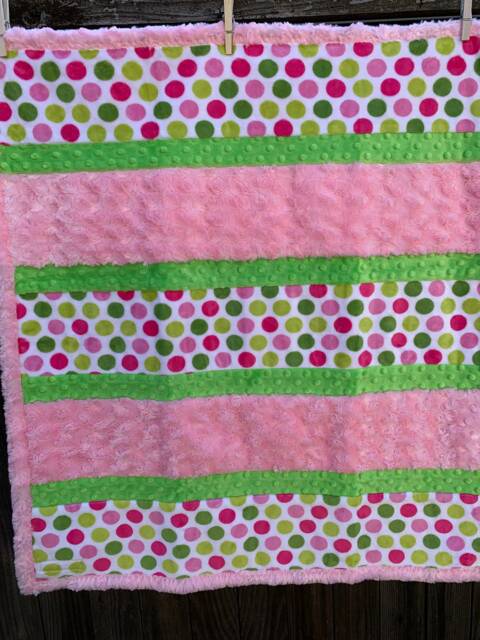 Handmade Modern Baby Minky Blanket Pink & Green Polka Dot - image 1
