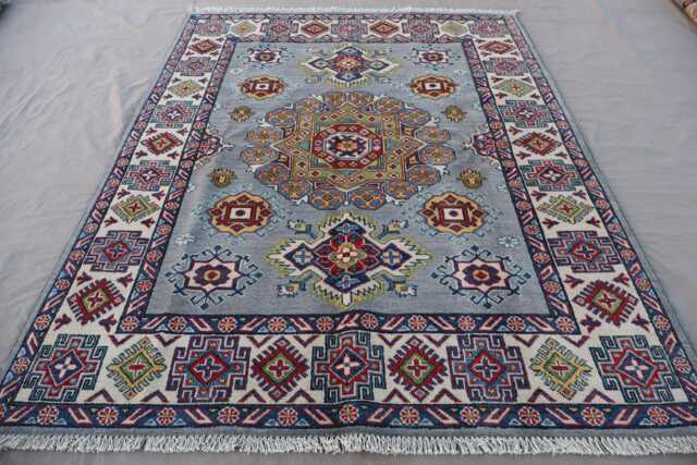 5x7 Gray Afghan Rug, Natural Geometric Kazak Hand Knotted Wool Area Turkmen Tribal Oriental Caucasian Living Room Carpet - image 1