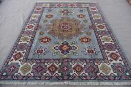 5x7 Gray Afghan Rug, Natural Geometric Kazak Hand Knotted Wool Area Turkmen Tribal Oriental Caucasian Living Room Carpet - thumbnail 1