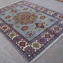 5x7 Gray Afghan Rug, Natural Geometric Kazak Hand Knotted Wool Area Turkmen Tribal Oriental Caucasian Living Room Carpet - thumbnail 2