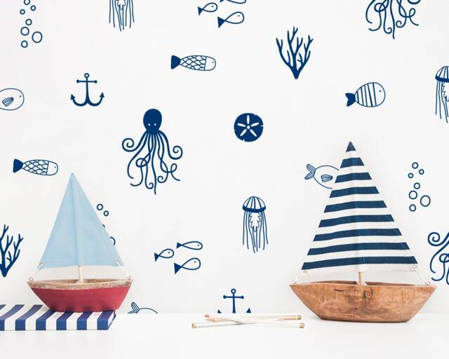 Sea Life Wall Decals - Nautical Decals, Nursery Ocean Cute Decor, Kids Room Stickers - image 1