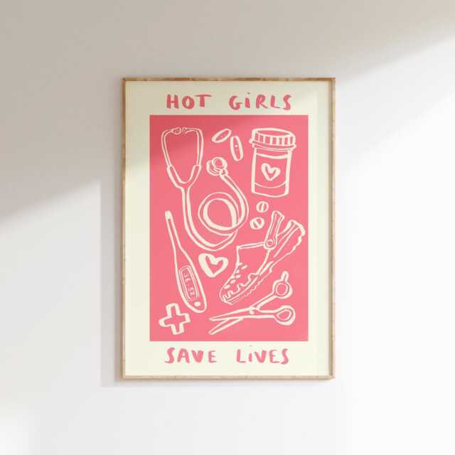 Hot Girls Save Lives Pink Wall Print - Healthcare Illustration Nhs Poster Nurse Art Doctor Gift Idea Gifts For - image 1