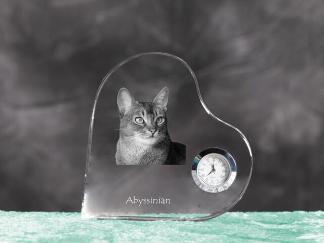 Abyssinian Cat - Crystal Clock in The Shape Of A Heart With Image Pure-Bred Cat - image 1