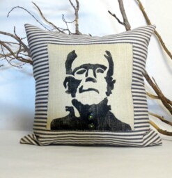 Frankenstein Halloween Pillow Gothic Print, Ticking Fabric - thumbnail 1
